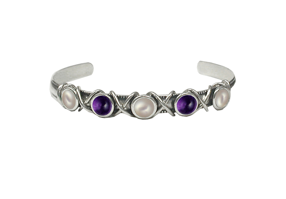 Sterling Silver Cuff Bracelet With Cultured Freshwater Pearl And Amethyst